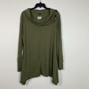 Shana Crinkle Asymmetric Tunic Cowl Button Neck Long Sleeve Olive Top Women's M
